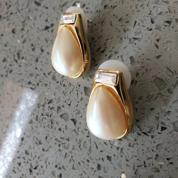 Signed Richelieu Faux Pearl and Clear Baguette Rhinestone Earrings - Picture 2 of 9
